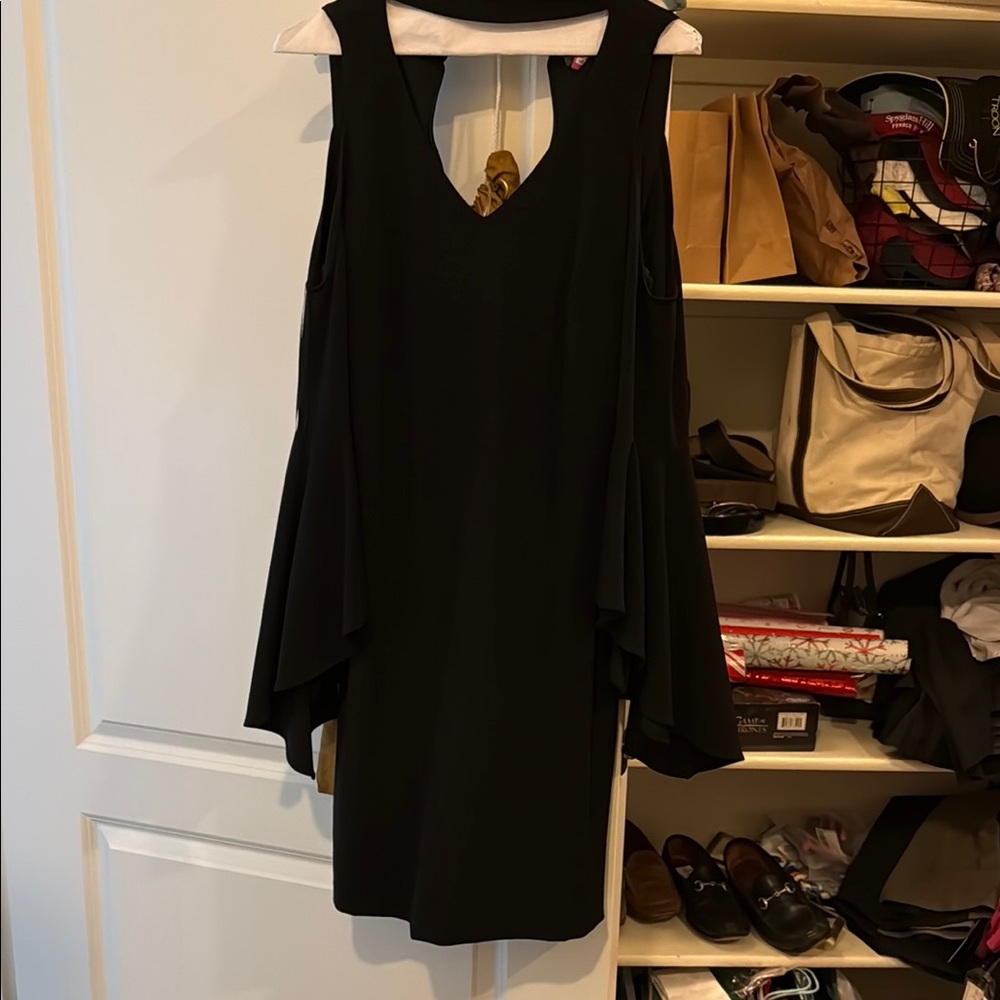 Black Sheath Dress with Cold Shoulder V-Neck